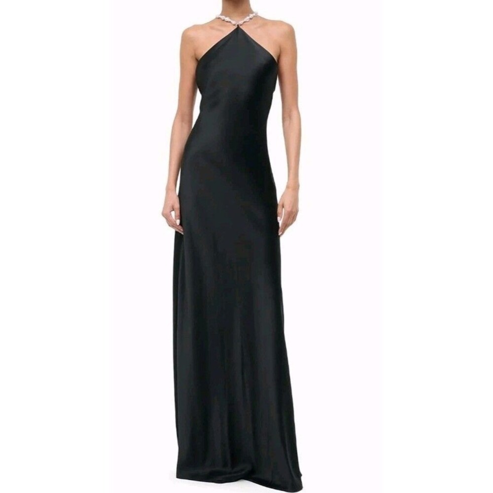 Sz 10 - Staud Cadence black satin dress halter neck w/ pearlescent straps $595